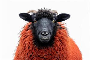 A black and red sheep with long horns photo
