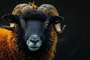A ram with a long horn standing in front of a black background photo