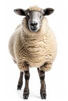 A sheep is standing in front of a white background photo