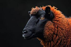 A close up of a black and orange sheep photo