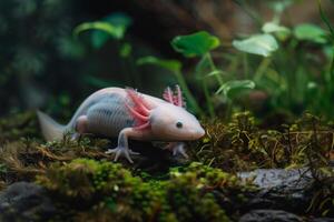 An axolotl, a small fish with pink fins, is walking on the ground photo