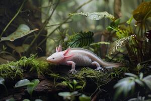 A white axolotl is sitting on a moss covered log photo
