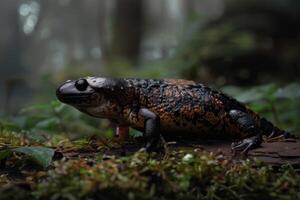 A frog is sitting on a log in the forest photo