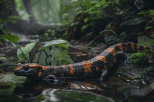 A lizard is sitting in the water in the forest photo