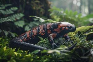 A red and black lizard sitting in the middle of the forest photo