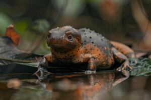 A small orange and black lizard sitting on the ground photo