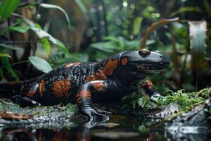 A red and black lizard sitting in the water photo
