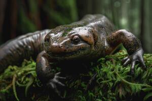 A large lizard sitting on top of moss photo