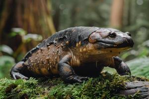 A large, black and brown amphibian sitting on top of a mossy log photo
