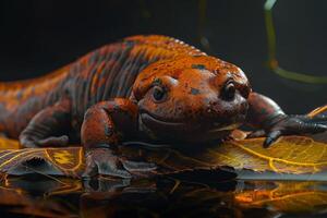 A red and black lizard sitting on a leaf photo