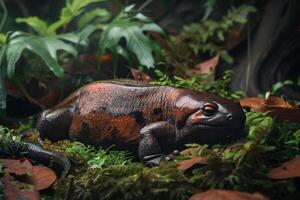 A frog is sitting on the ground in the forest photo