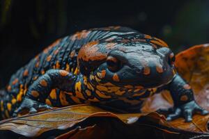 A close up of a black and orange lizard photo