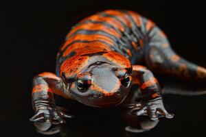 A red and black lizard on a black background photo