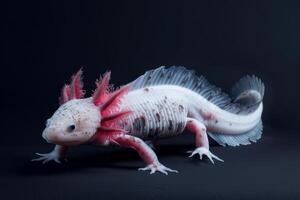 An axolotl is shown in a dark room photo