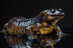A frog sitting on a black surface with its head facing the camera photo