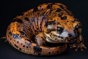 A close up of a lizard with black spots photo
