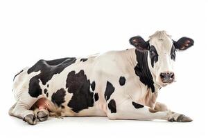 A cow is laying down on a white background photo