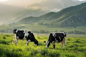 Two cows grazing in a field with mountains in the background photo
