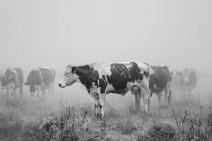 A herd of cows in a foggy field photo