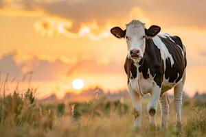 A cow is standing in a field at sunset photo