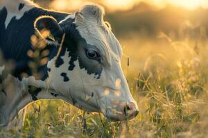 A cow is standing in a field with the sun setting photo