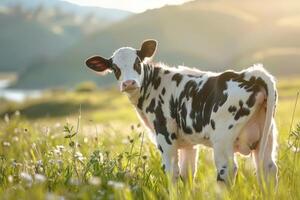 A black and white cow standing in a field photo