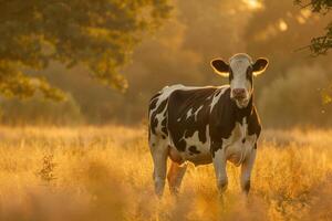 A cow standing in a field with the sun shining photo