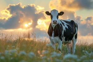 A cow standing in a field with a sunset in the background photo