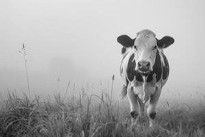 A cow standing in a field with tall grass photo