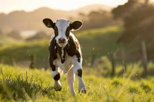 A black and white cow running through a field photo
