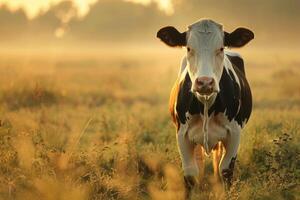 A cow standing in a field with a foggy background photo