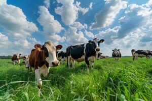 A herd of cows in a field with a blue sky photo
