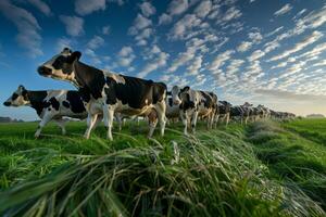 Cows in a field with grass and sky photo