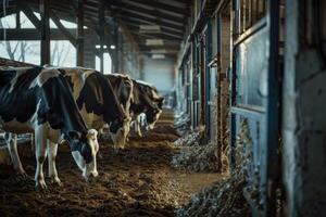 Cows eating hay in a barn photo
