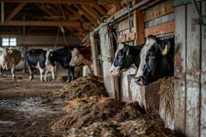 A group of cows in a barn eating hay photo