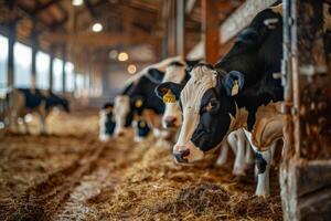 Cows in a barn eating hay photo