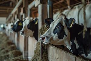 Cows in a barn with hay and straw photo