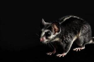 A sugar glider is standing in front of a black background photo