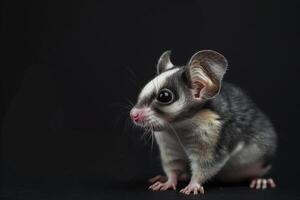 A sugar glider is standing on a black background photo