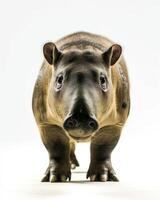 A hippo is standing in front of a white background photo