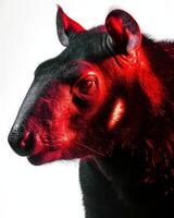 A close up of a black animal with red glowing eyes photo