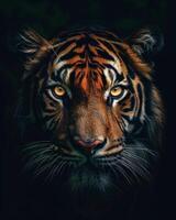 A tiger's face is shown in the dark photo