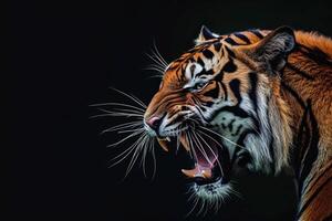 A tiger with its mouth open on a black background photo