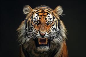 A tiger is roaring in front of a black background photo
