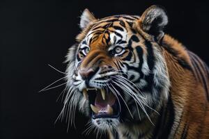 A tiger with its mouth open and its teeth showing photo