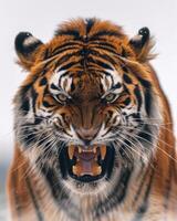 A tiger with its mouth open and teeth showing photo
