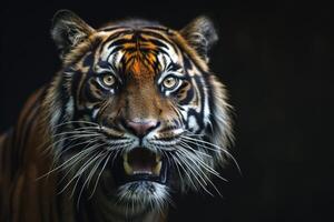 A tiger is roaring in the dark photo