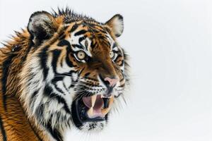 A tiger with its mouth open and its teeth showing photo