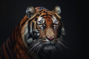 A tiger is shown in a dark background photo