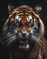 A tiger with its mouth open and teeth showing photo